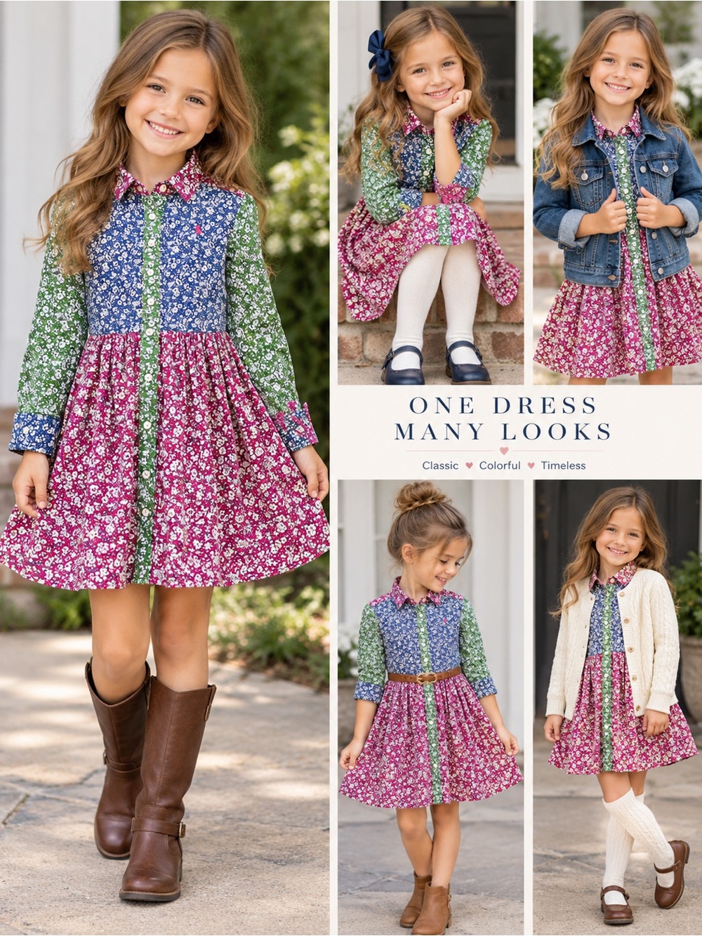 Polo Ralph Lauren Multi Panel Floral Button Front Dress Pink Blue Green Girls 7